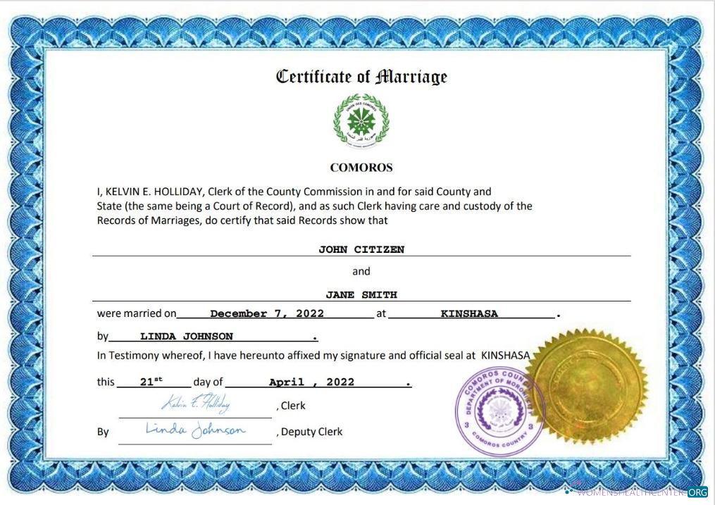 Download Comoros marriage certificate Word and PDF template Photoshop template